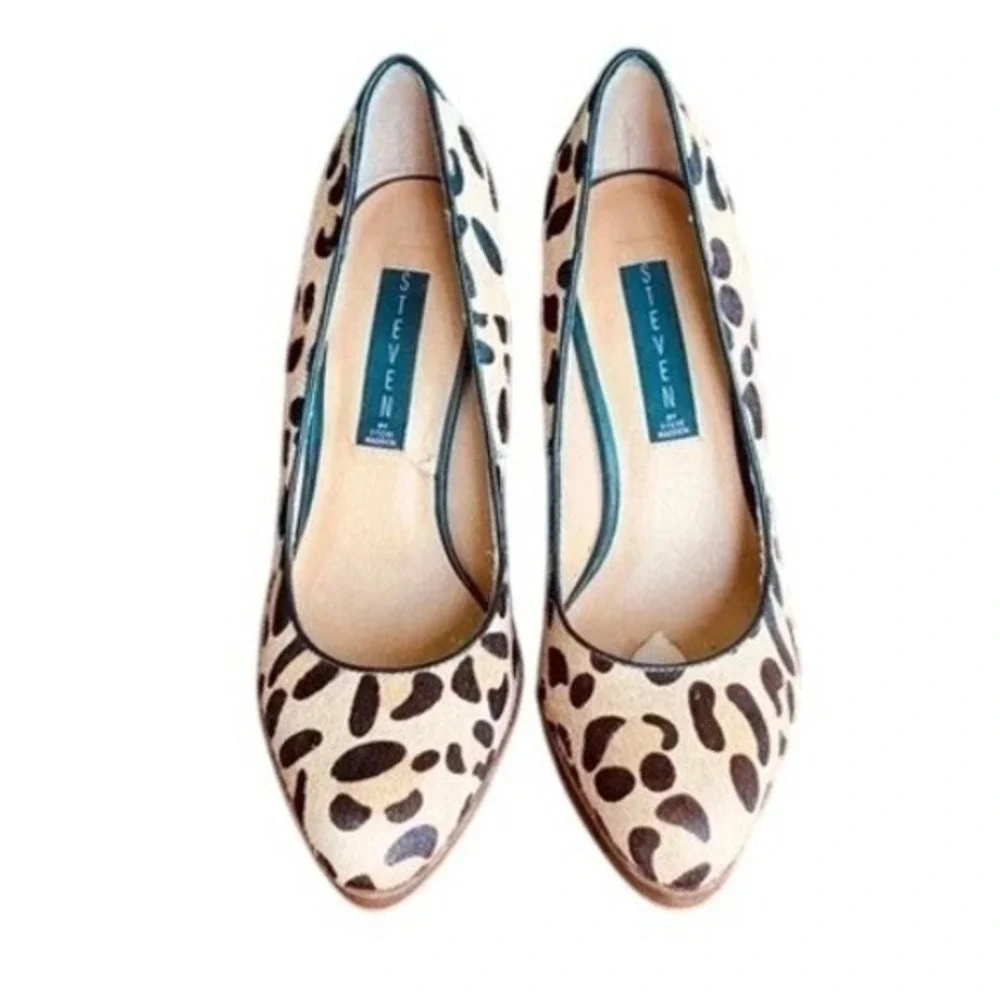 STEVEN by Steve Madden LeMore Leopard Print Calf Hair Heels Wood Platform Size 8